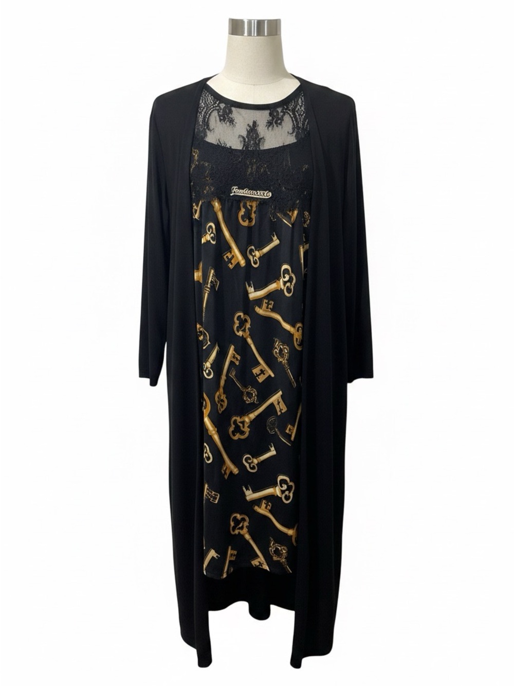 Elegant Black Midi Dress with Gold Key Print